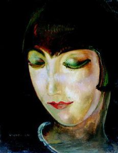 Gwozdecki Kiki de Montparnasse, 1920 - LeFrancophile A painted portrait of a woman with short dark hair and closed eyes, accented by green eyeshadow and red lips. Her face is softly illuminated against a dark Montparnasse-inspired background, conveying a calm, introspective expression.