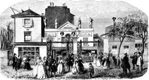 Black-and-white illustration of a busy 19th-century street in Montparnasse outside the Théâtre du Luxembourg, with men, women, and children in period clothing. Statues crown the theater roof as bare trees frame people gathering and strolling by ornate buildings.