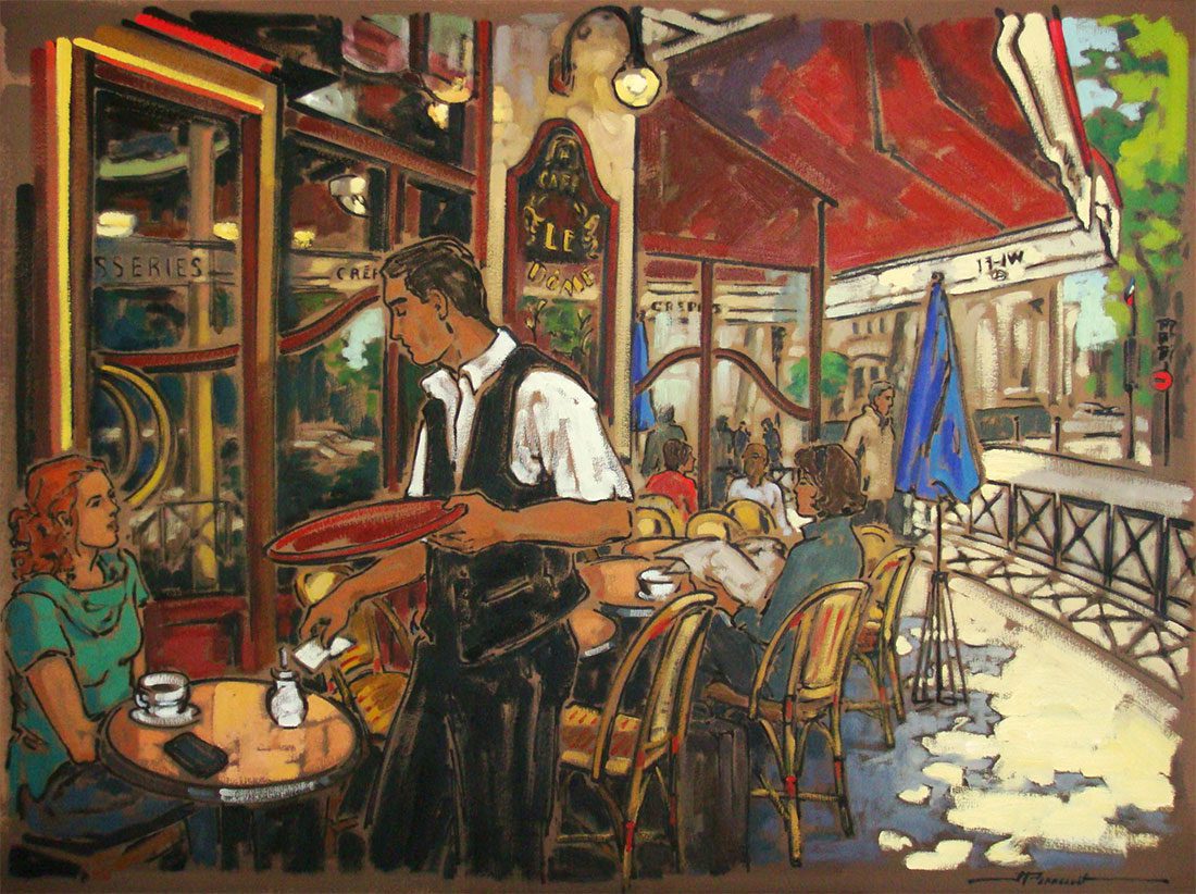 le-dome-jeannette-perreault A waiter in a black vest serves a woman at a small round table outside a lively Montparnasse café. Other patrons sit at yellow chairs under a red awning, with the sunlit street, an open blue umbrella, and greenery in the background.