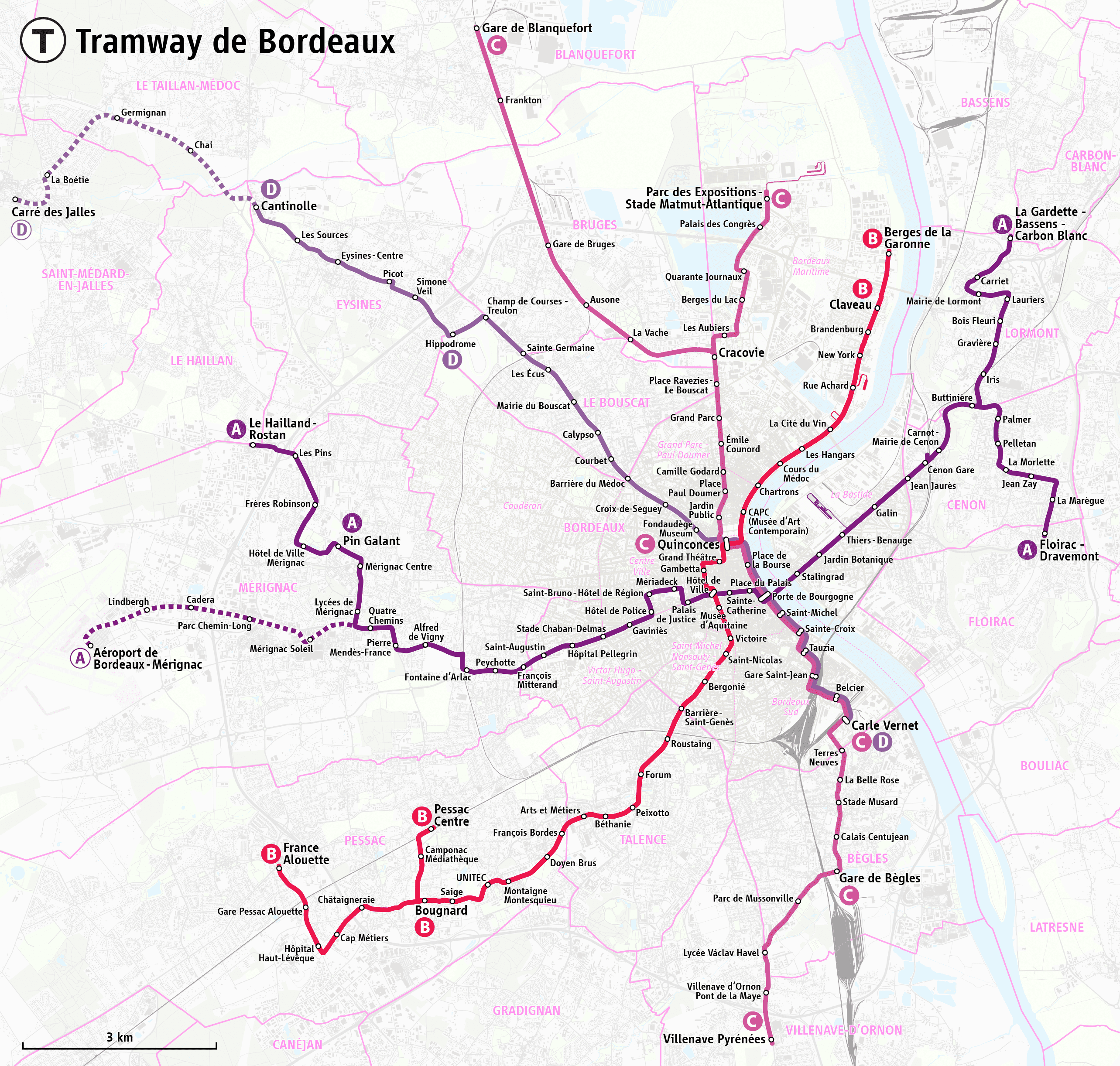 Tramway map Bordeaux Métropole
